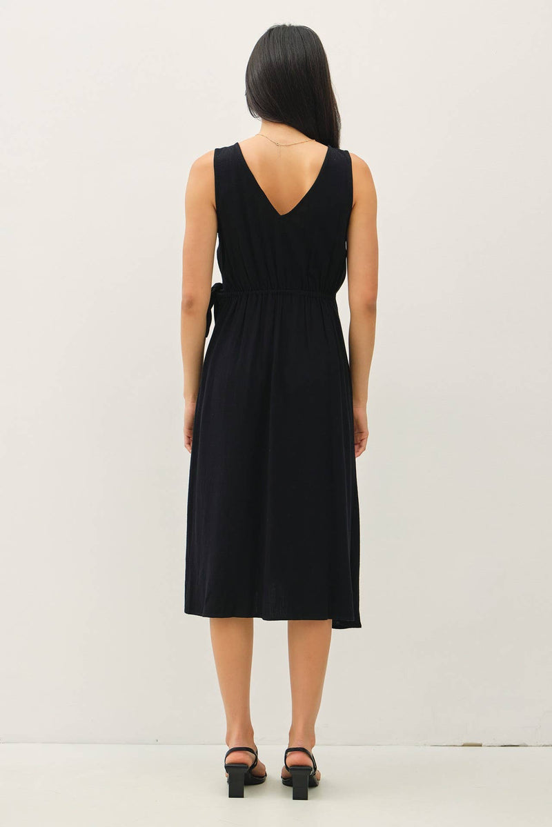 Black Linen Blend Tie-Detail Midi Dress