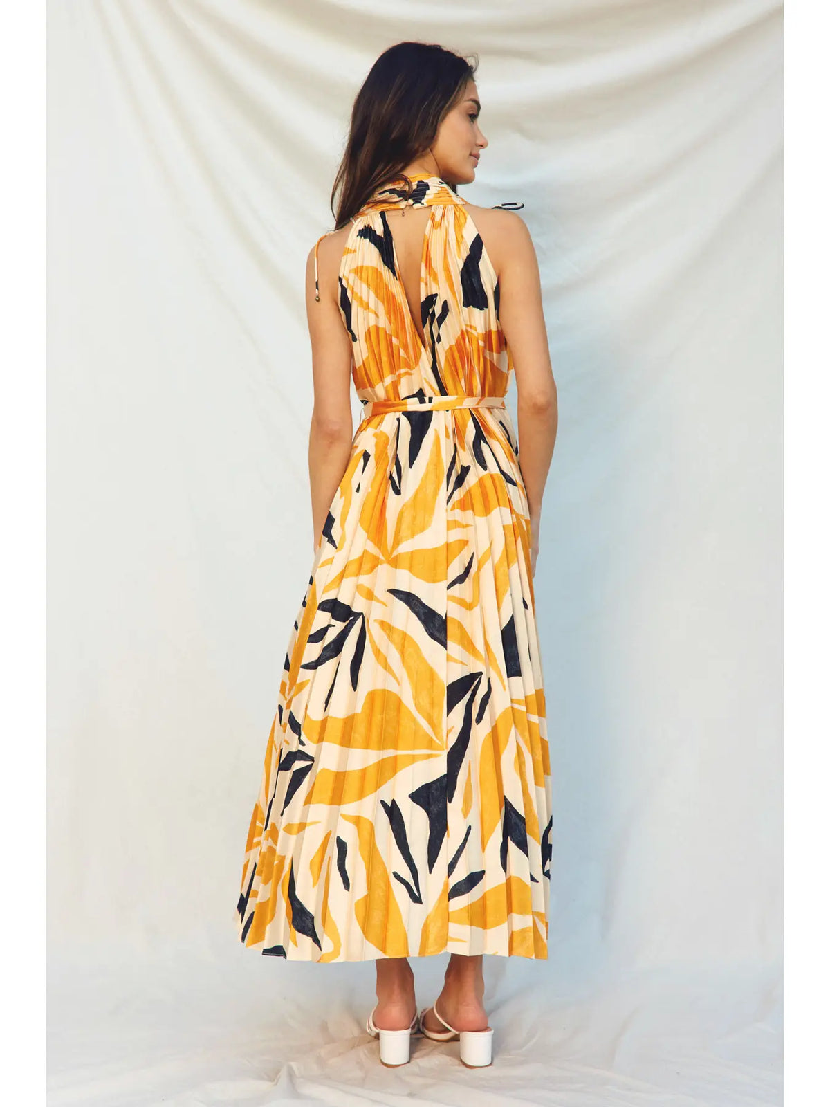 Malibu Plunging Satin Pleated Maxi Dress, tie, black, yellow, orange, v neck, strapless, summer, spring