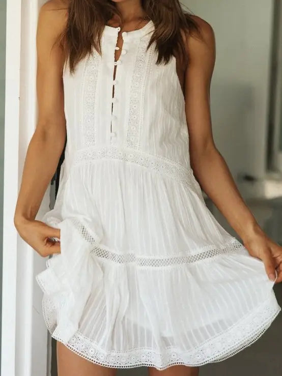 Millie Crochet Lace Sleeveless White Dress, boho, button front, tie back sleeveless, summer, spring