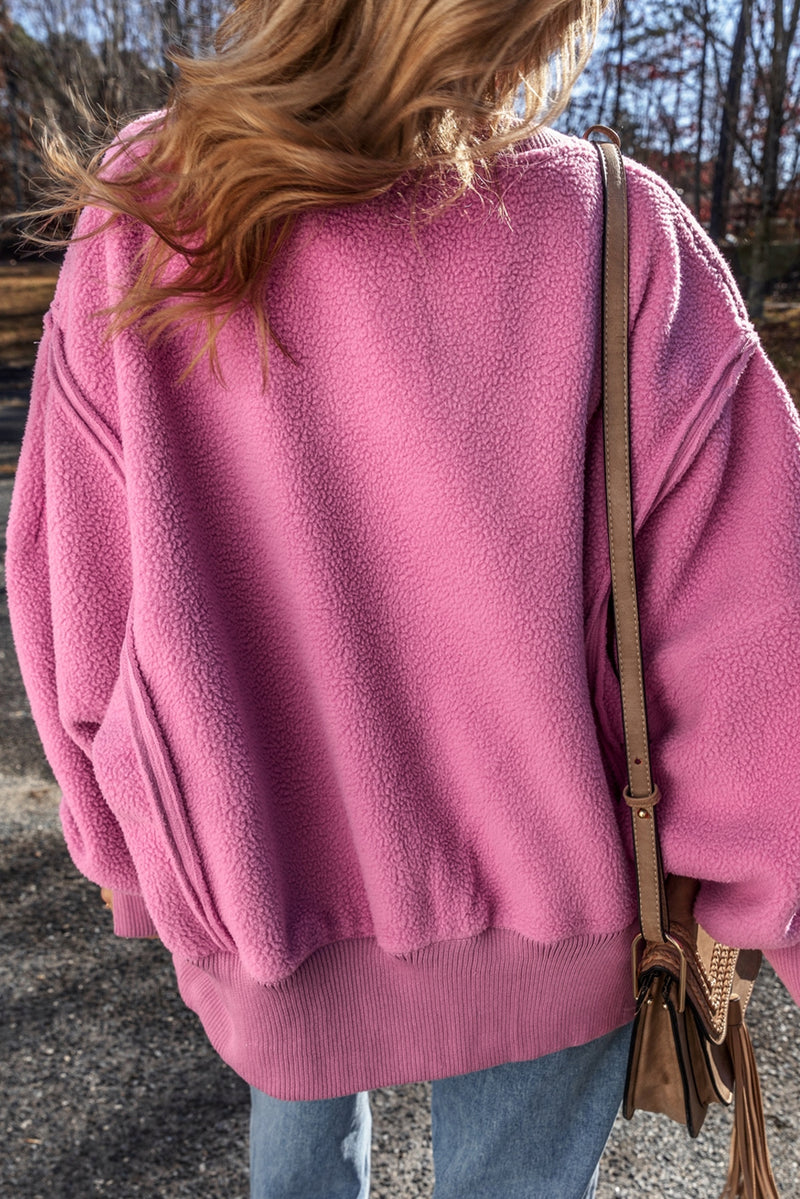 Pink Side Slit Oversized Sherpa Sweatshirt