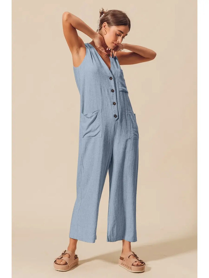 Linen Blend V Neck Button Down Summer Jumpsuit