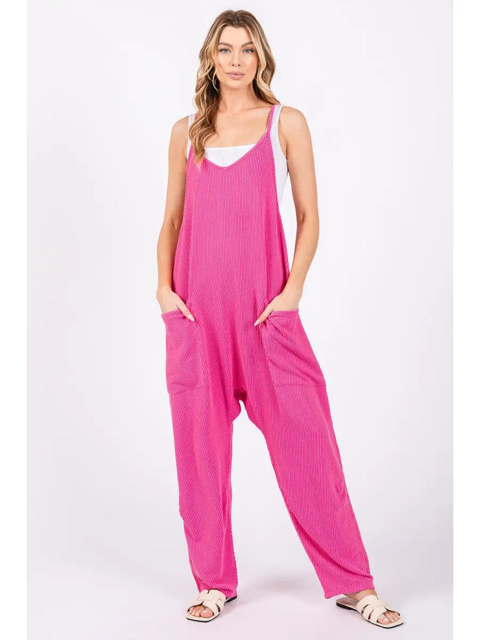 Georgia Ribbed Overall Jumpsuit, pink, pockets, ribbed, sleeveless, comfy