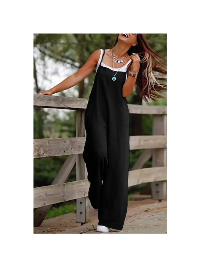 Molly Suspender Jumpsuit, flowy, comfy, loose, sleeveless, pockets, wide leg