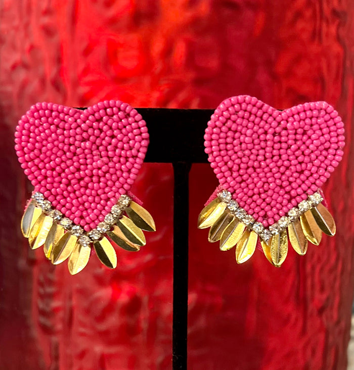 Pink Beaded Heart Spear & Rhinestone Earrings